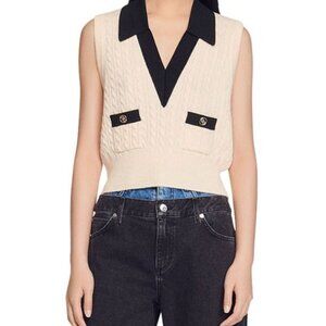 Sandro Cable Knit Sweater Vest Cream Black Contrast NWT